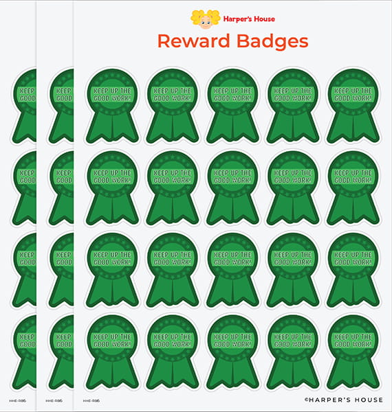 stack of green reward badge stickers