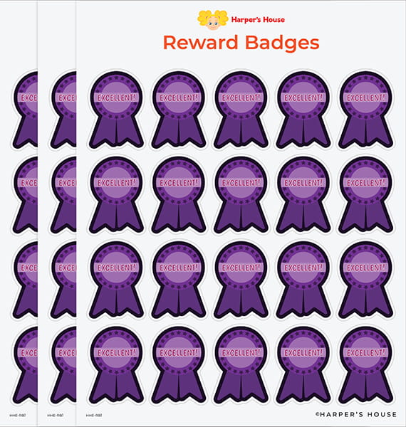 stack of purple reward badge stickers